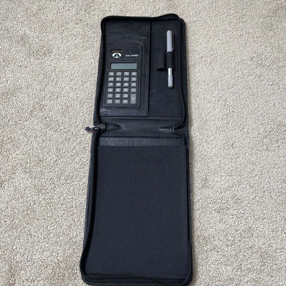 Leather Notebook Portfolio Organizer with Zipper, Calculator, Rollerball‎ Pen